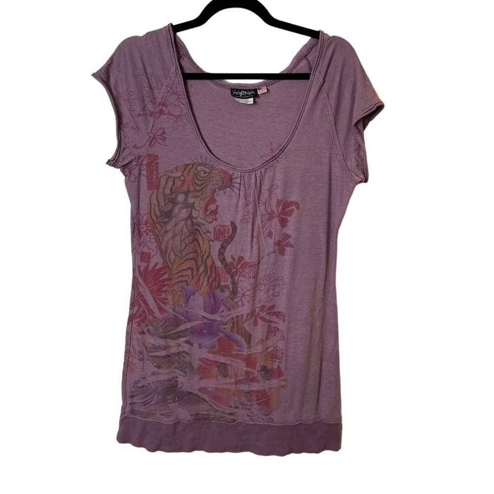 Realitee Womens Purple Scoop Neck Cap Sleeve Pullover Top Asian Tiger Graphic XL
